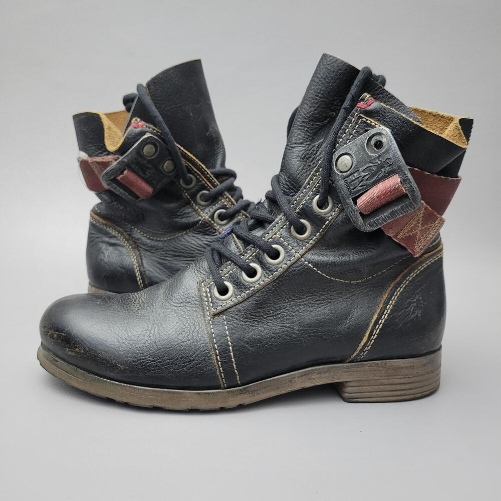 Fly London Chukka Boots Leather Black Boho Strap Buckle Lace Size 8 EU 38